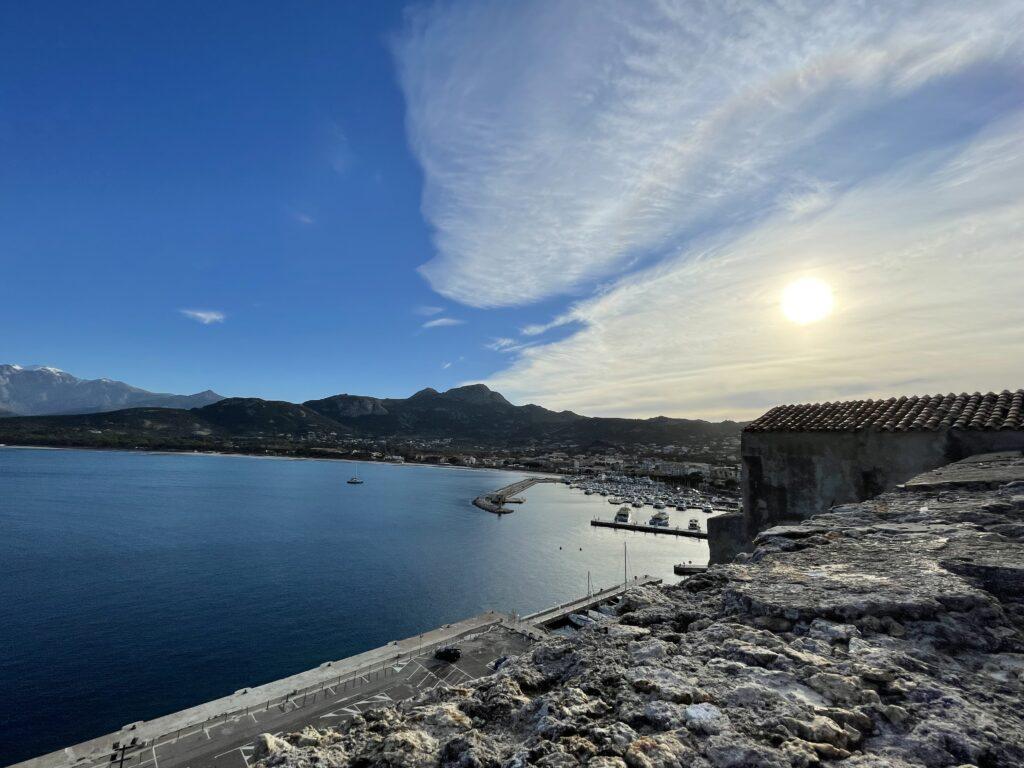 Sky of Corsica seen from the higher part of the city of Calvi, just above the port, during winter.
