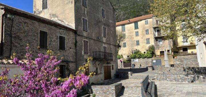 Center of the village of Santa Maria Poggio in Costa Verde, Corsica.