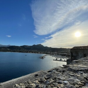 Sky of Corsica seen from the higher part of the city of Calvi, just above the port, during winter.