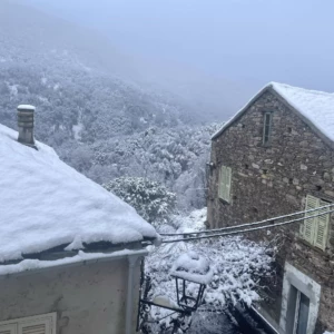 roofs covered by snow in Corsica, in the village of Ortale (valley of Alesani).