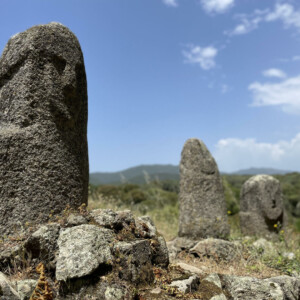 Statues aligned in the prehistorical site of Filitosa, Corsica.