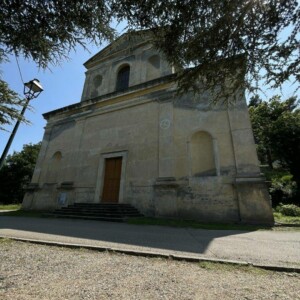 Front view of the church of Cagnano in Capicorsu, Corsica.