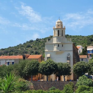 View of the Greek Church in Cargese, Saint Spyridon, from the Latin Church in front