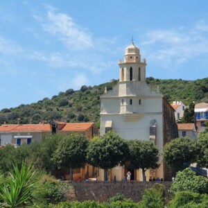 View of the Greek Church in Cargese, Saint Spyridon, from the Latin Church in front