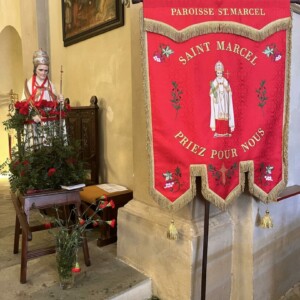 Banners of Saint Marcel inside the church for the Festa di San Marcellu 2024 in Aleria, Corsica